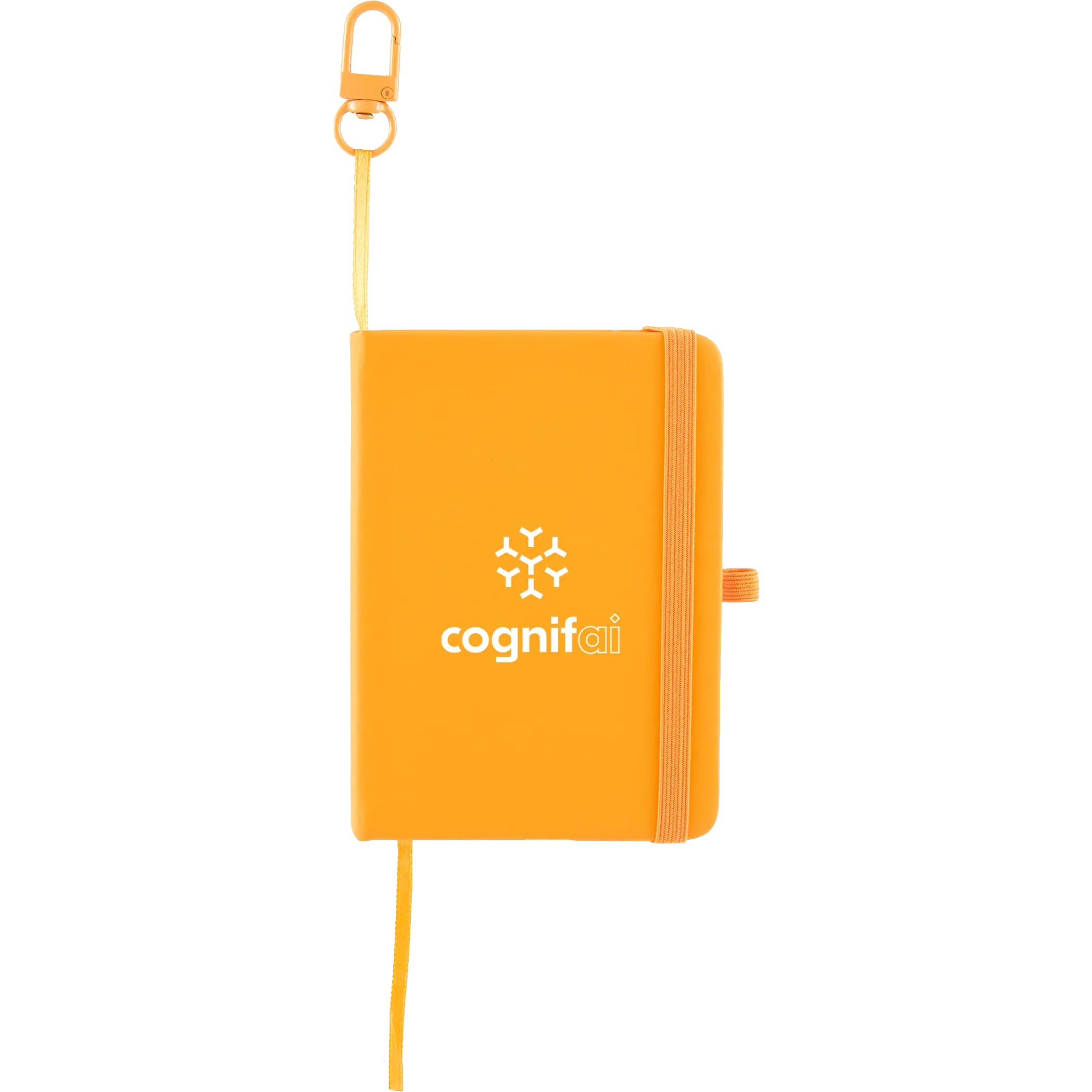 An orange hardcover notebook with an elastic closure, a matching orange lanyard strap with a metal clip, and a white printed 'cognifai' logo on the front, shown against a plain white background.