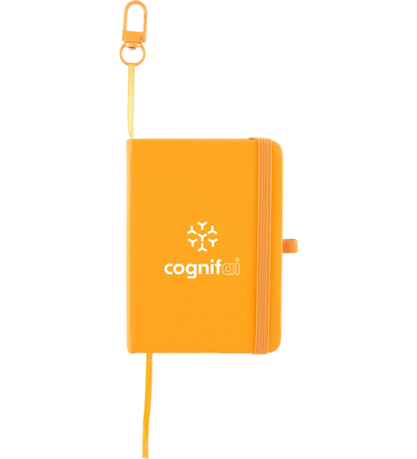 An orange hardcover notebook with an elastic closure, a matching orange lanyard strap with a metal clip, and a white printed 'cognifai' logo on the front, shown against a plain white background.