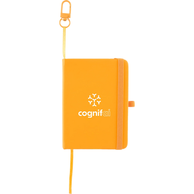 An orange hardcover notebook with an elastic closure, a matching orange lanyard strap with a metal clip, and a white printed 'cognifai' logo on the front, shown against a plain white background.