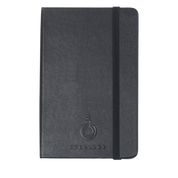 Black notebook with a brand logo on a white background
