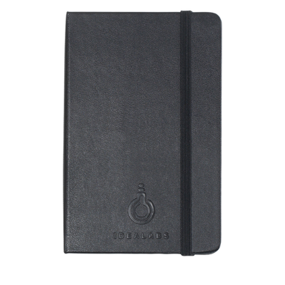 Black notebook with a brand logo on a white background