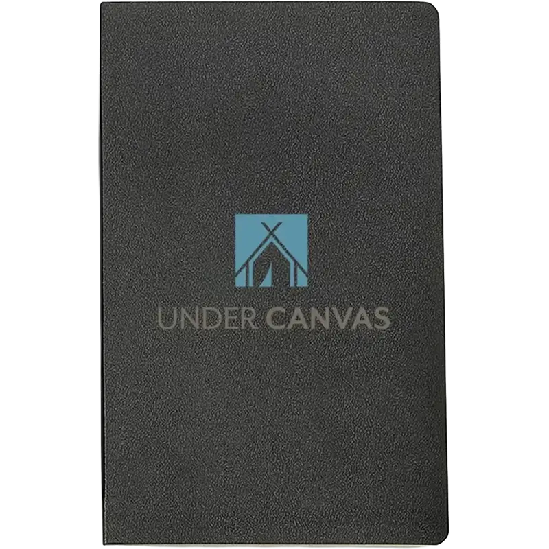 Black Moleskine Volant Ruled Large Notebook featuring the Under Canvas logo, flexible soft cover, rounded corners, ruled pages, and a sleek minimalist design