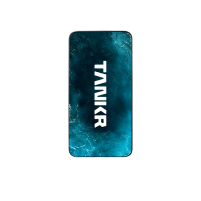 Blue marbled power bank with 'TANKR' branding on a white background