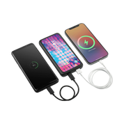 Three smartphones being charged by a power bank on a white background