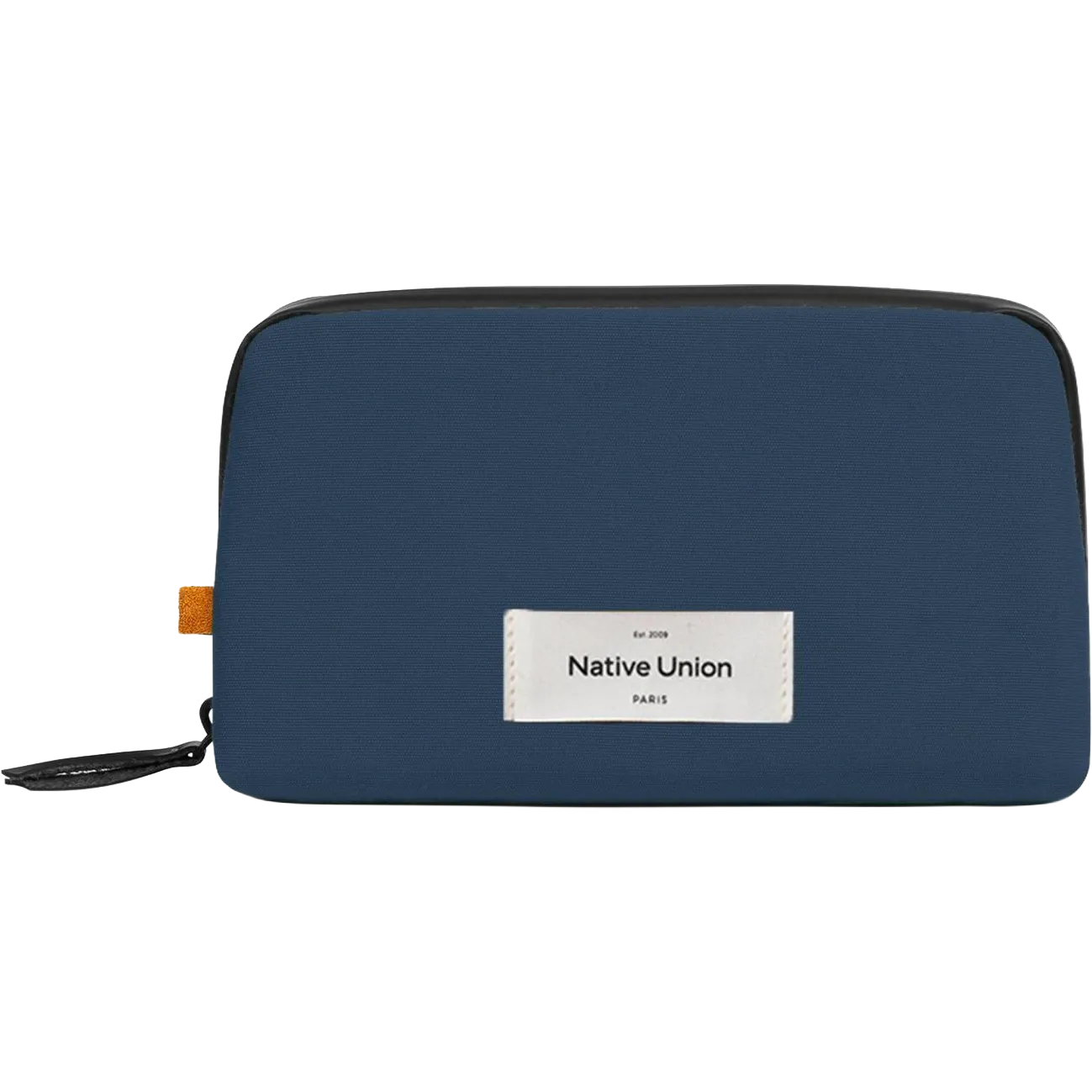 A navy blue zippered pouch with a white rectangular label reading 'Native Union PARIS' on the front, photographed on a clean white background.