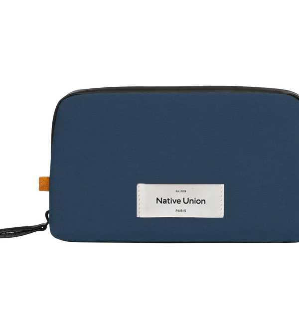 A navy blue zippered pouch with a white rectangular label reading 'Native Union PARIS' on the front, photographed on a clean white background.