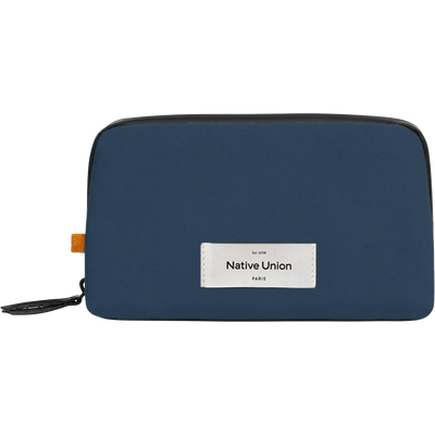 A navy blue zippered pouch with a white rectangular label reading 'Native Union PARIS' on the front, photographed on a clean white background.