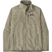 Tan Patagonia Better Sweater Fleece Jacket featuring a full-zip front, stand-up collar, zippered chest pocket, zippered hand pockets, and soft sweater-knit fleece construction