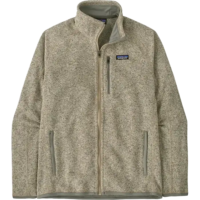 Tan Patagonia Better Sweater Fleece Jacket featuring a full-zip front, stand-up collar, zippered chest pocket, zippered hand pockets, and soft sweater-knit fleece construction