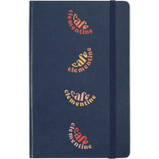 Navy Blue Moleskine Hard Cover Ruled Large Notebook featuring colorful Café Clementine artwork, durable hard cover, elastic closure band, ribbon bookmark, and rounded corners