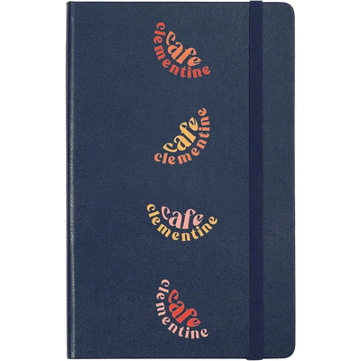 Navy Blue Moleskine Hard Cover Ruled Large Notebook featuring colorful Café Clementine artwork, durable hard cover, elastic closure band, ribbon bookmark, and rounded corners