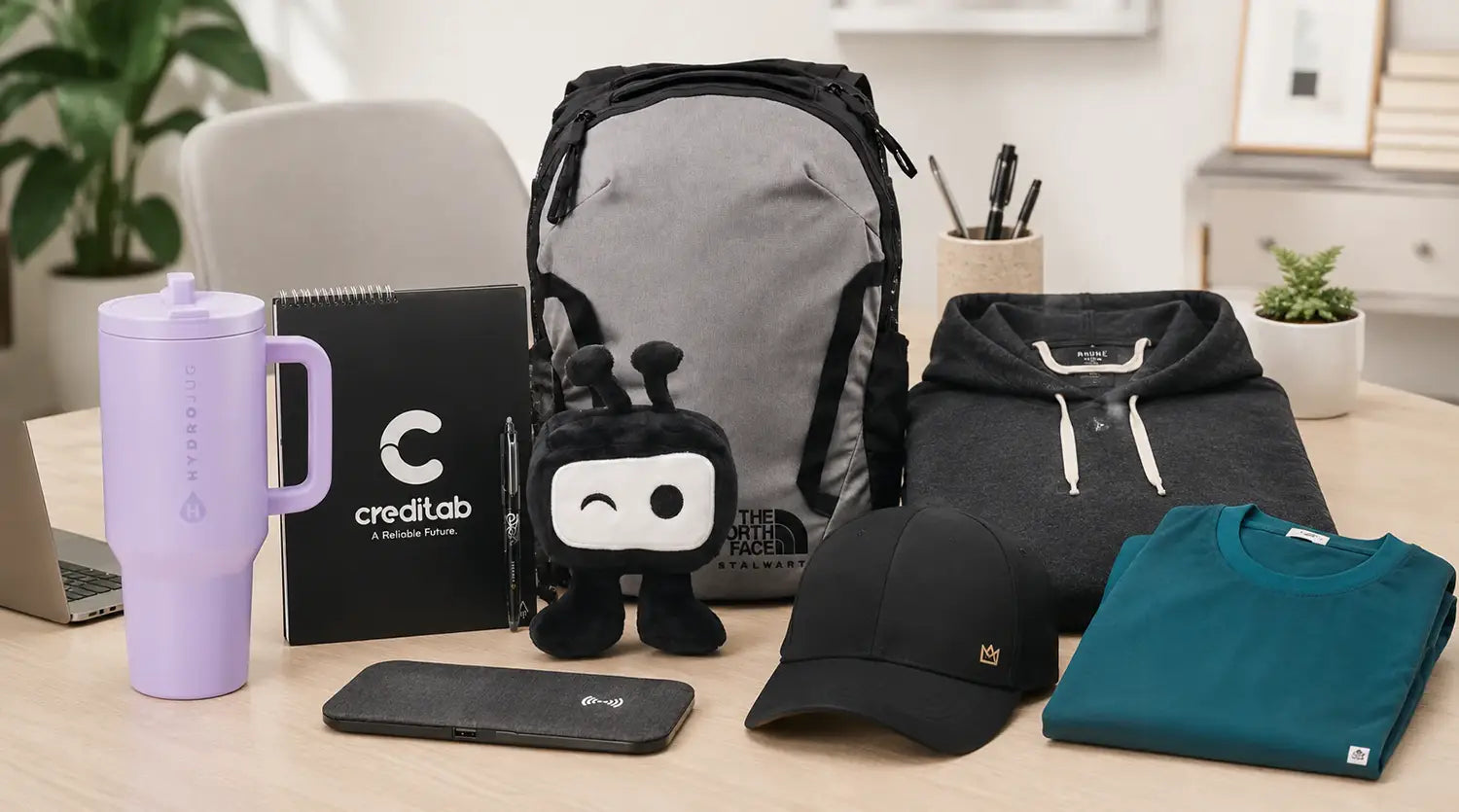 Collection of branded merchandise including a tumbler, backpack, hoodie, and cap on a desk.