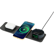 Wireless charging pad with smartphone, smartwatch, and airpods on a white background