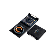 Black electronic device with a colorful display in a black carrying case on a white background