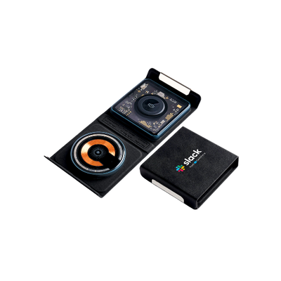 Black electronic device with a colorful display in a black carrying case on a white background