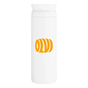 A white insulated water bottle with a matching white lid, featuring a bold orange stylized logo on the front, set against a plain white background.