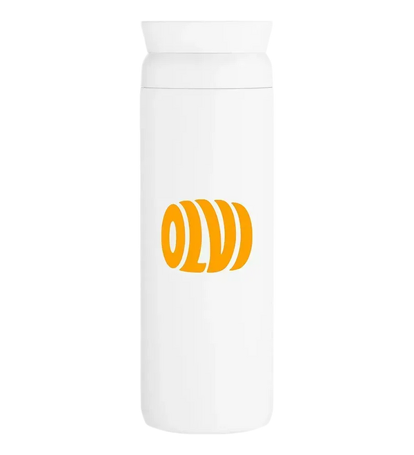 A white insulated water bottle with a matching white lid, featuring a bold orange stylized logo on the front, set against a plain white background.