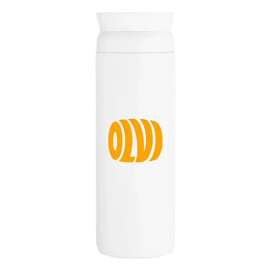 A white insulated water bottle with a matching white lid, featuring a bold orange stylized logo on the front, set against a plain white background.
