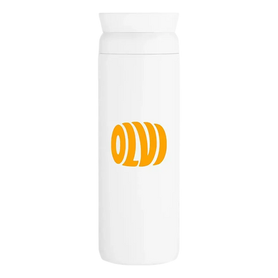 A white insulated water bottle with a matching white lid, featuring a bold orange stylized logo on the front, set against a plain white background.