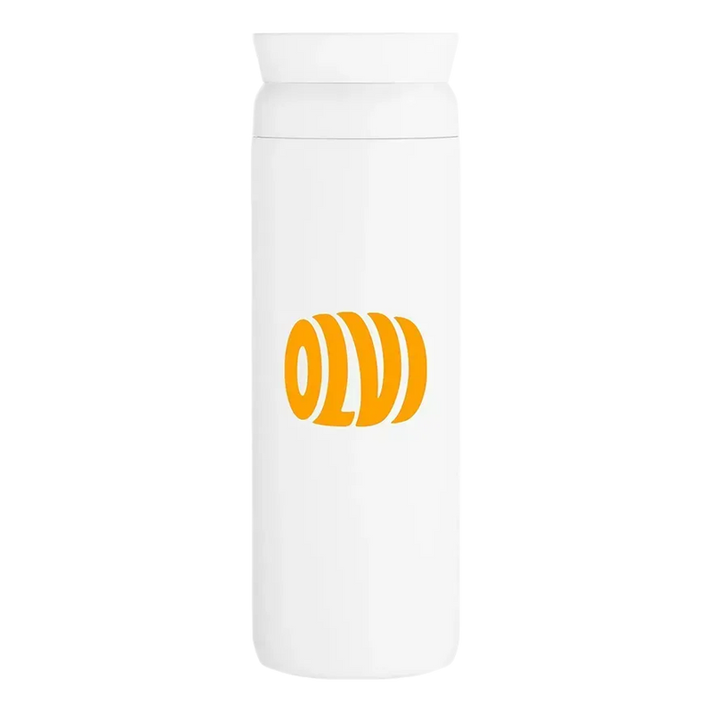 A white insulated water bottle with a matching white lid, featuring a bold orange stylized logo on the front, set against a plain white background.
