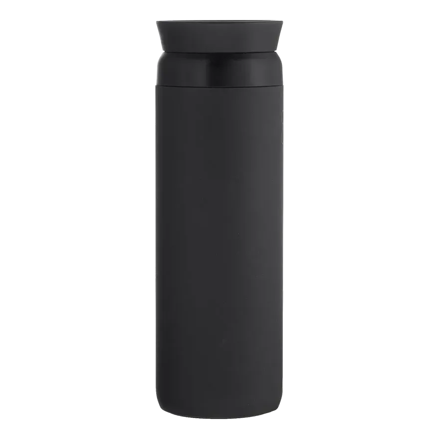 A matte black insulated water bottle with a matching black screw-on lid, shown against a solid white background.
