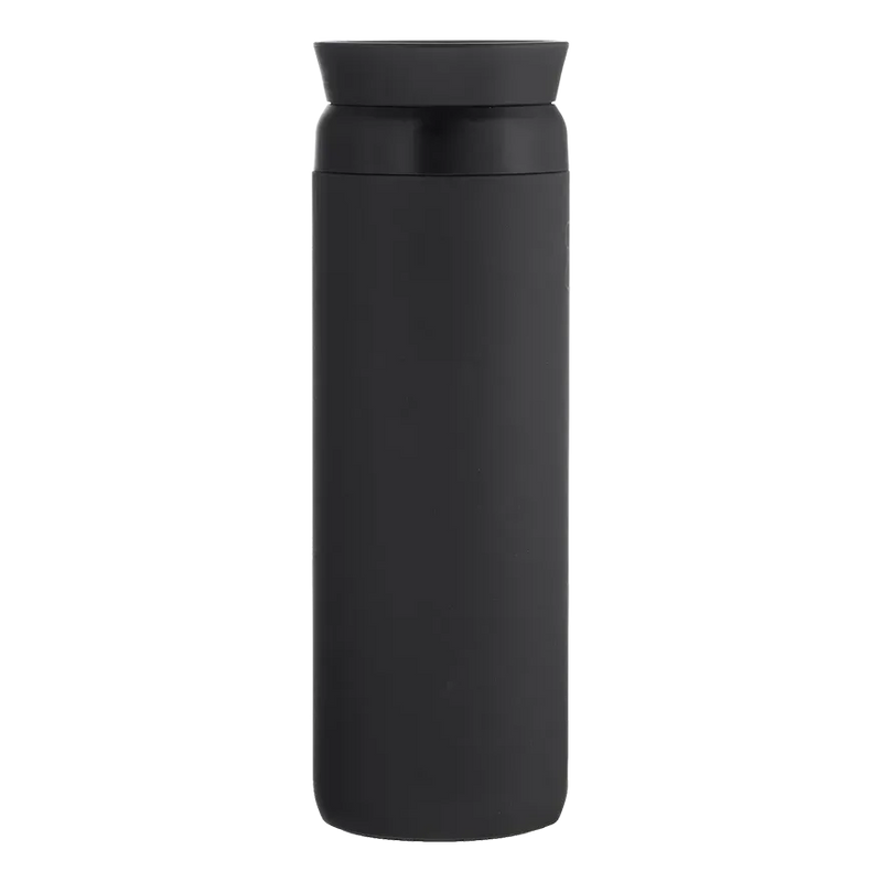 A matte black insulated water bottle with a matching black screw-on lid, shown against a solid white background.