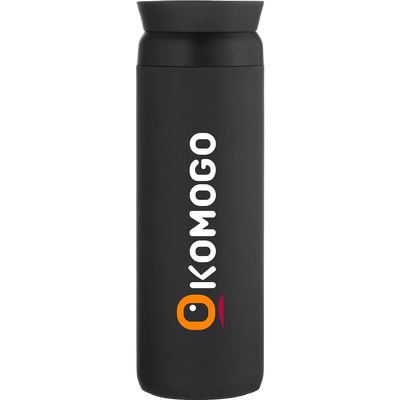 A matte black insulated travel tumbler with a matching black lid, featuring the brand name 'KOMOGO' printed vertically in white on the front, alongside an orange and magenta logo at the bottom.