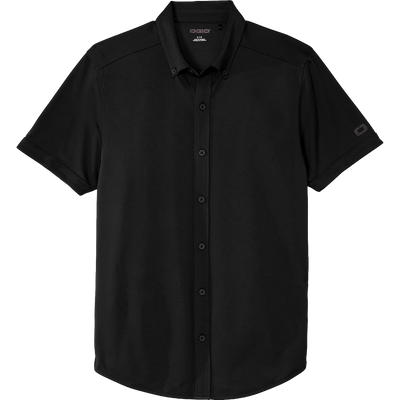 Black short-sleeve button-up shirt on a white background