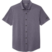 A short-sleeve button-down shirt in heathered dark gray, featuring a classic collar, dark buttons, and a small brand patch on the left sleeve, shown against a plain white background.