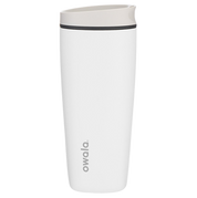 White tumbler with black rim on a white background