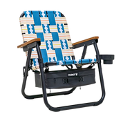 Foldable chair with patterned seat and wooden armrests on a white background