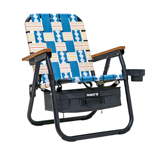 Foldable chair with patterned seat and wooden armrests on a white background