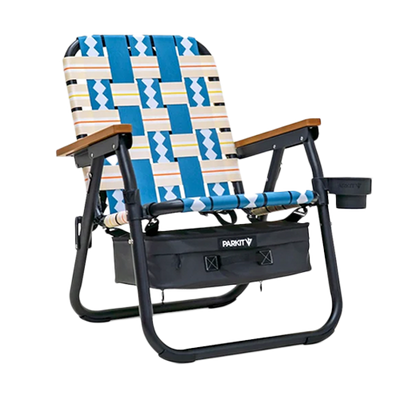 Foldable chair with patterned seat and wooden armrests on a white background