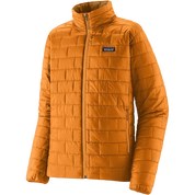 An orange quilted puffer jacket by Patagonia, featuring a full-zip front, stand-up collar, and the brand's logo patch on the left chest, set against a plain white background.