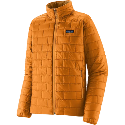 An orange quilted puffer jacket by Patagonia, featuring a full-zip front, stand-up collar, and the brand's logo patch on the left chest, set against a plain white background.