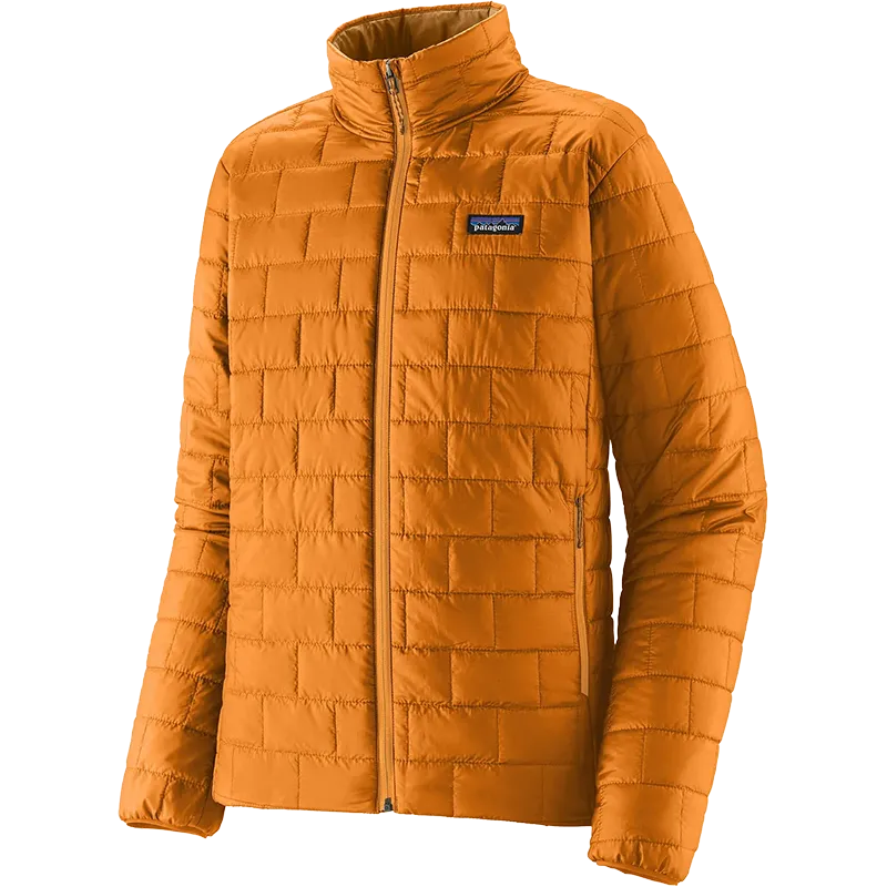 An orange quilted puffer jacket by Patagonia, featuring a full-zip front, stand-up collar, and the brand's logo patch on the left chest, set against a plain white background.