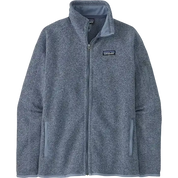 A Patagonia fleece jacket in a heathered slate blue-gray color, featuring a full-zip front, stand-up collar, and a small Patagonia logo patch on the left chest.