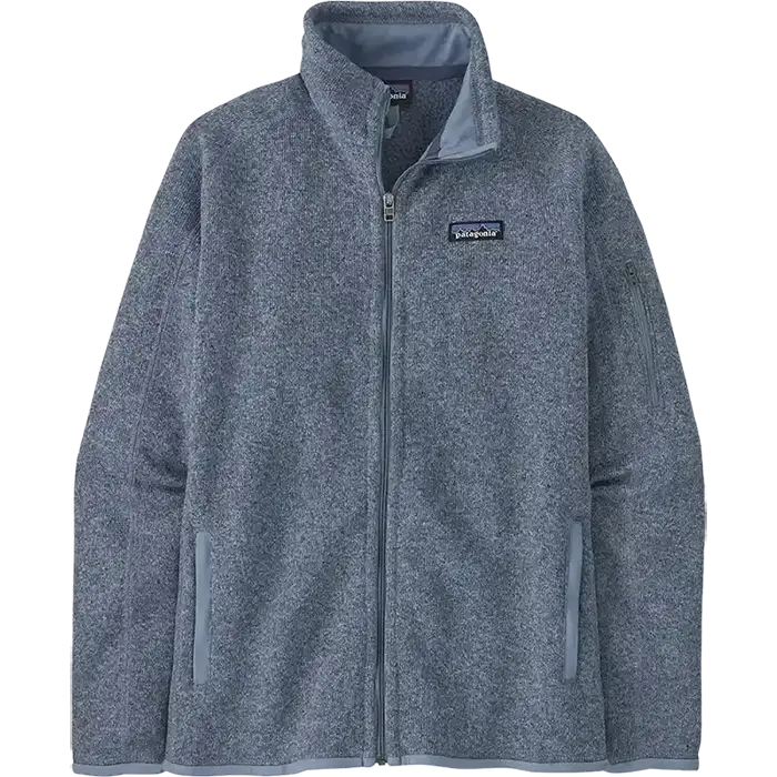 A Patagonia fleece jacket in a heathered slate blue-gray color, featuring a full-zip front, stand-up collar, and a small Patagonia logo patch on the left chest.
