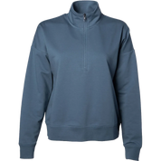 A slate blue women's half-zip sweatshirt with a mock neck collar, long sleeves, and ribbed cuffs and hem, shown on a plain white background.