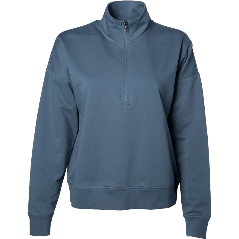 A slate blue women's half-zip sweatshirt with a mock neck collar, long sleeves, and ribbed cuffs and hem, shown on a plain white background.