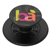 Black phone holder with colorful 'loa' logo on a white background