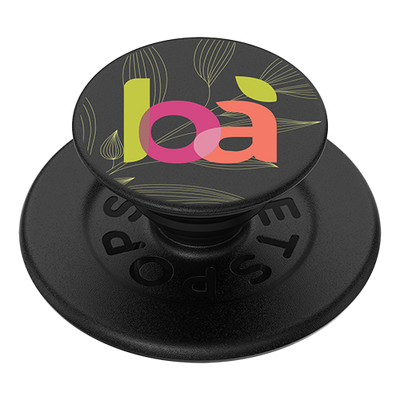 Black phone holder with colorful 'loa' logo on a white background
