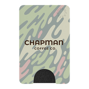 Cardholder with camouflage pattern and 'Chapman Coffee Co.' branding on a white background