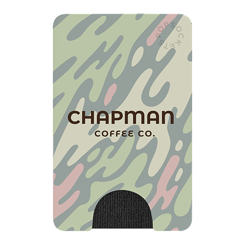 Cardholder with camouflage pattern and 'Chapman Coffee Co.' branding on a white background