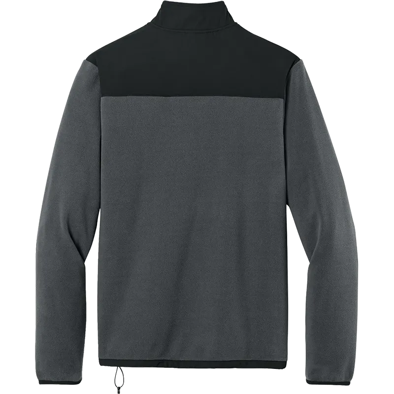 A dark gray and black colorblock quarter-zip fleece pullover shown from the back, featuring a solid black yoke and collar, and a dark gray body and sleeves.