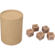 A round kraft paper storage cylinder with a lid next to five small wooden dice featuring printed phrases like 'Let it Slide', 'Give Respect', and 'Do Good' on a plain white background.