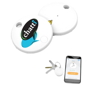 White device with 'chatti' logo, keychain attachment, and smartphone app on a white background