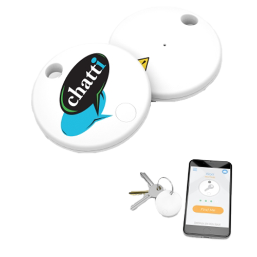 White device with 'chatti' logo, keychain attachment, and smartphone app on a white background