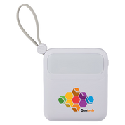 White pouch with colorful logo on a white background