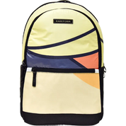 A Rareform backpack with a pale yellow and cream body, accented by navy blue curved stripes, a dark blue geometric panel, and orange accents on the front pocket.